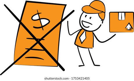 Service man or delivery man holds a box and no bill - free delivery.
Boy  hand drawn doodle line art cartoon design character - isolated vector illustration outline of man.