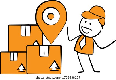 Service man or delivery man with map pin and delivery parcel.
Boy hand drawn doodle line art cartoon design character - isolated vector illustration outline of man.