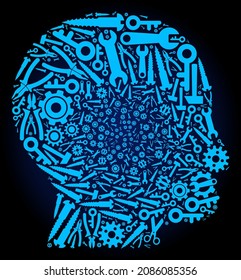 Service man head composition of service tools on a dark blue gradient background. Vector man head is shaped of blue cogs, wrenches, and other instruments, and based on man head icon.