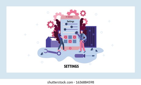 Service man setup settings on mobile phone. Repair and fix smartphone service. Vector web site design template. Landing page website concept illustration