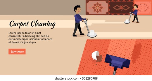 Service man in uniform cleaning carpet with commercial equipment. Professionally disk machine