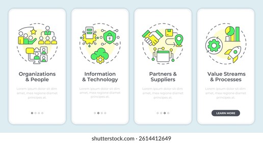 IT service management areas onboarding mobile app screen. Walkthrough 4 steps editable graphic instructions with linear concepts. UI, UX, GUI