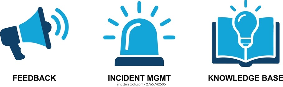 IT Service Management solid icon set. Featuring Feedback Incident Management and Knowledge Base. Flat design vector icons for ITIL ITSM and helpdesk software platforms.