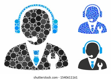 Service manager composition of round dots in different sizes and color hues, based on service manager icon. Vector round dots are organized into blue composition.
