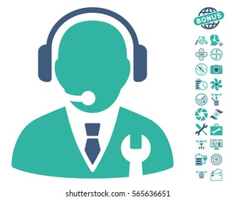 Service Manager icon with bonus aircopter tools pictograph collection. Vector illustration style is flat iconic cobalt and cyan symbols on white background.