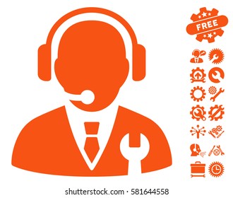 Service Manager icon with bonus options pictograph collection. Vector illustration style is flat iconic orange symbols on white background.