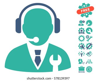 Service Manager icon with bonus service pictures. Vector illustration style is flat iconic cobalt and cyan symbols on white background.