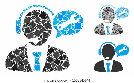 Service manager message composition of ragged pieces in various sizes and color tones, based on service manager message icon. Vector ragged pieces are grouped into mosaic.