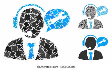 Service manager message composition of tuberous elements in various sizes and shades, based on service manager message icon. Vector irregular elements are combined into collage.