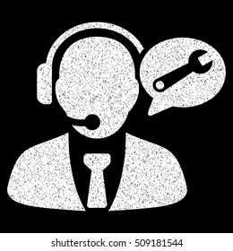 Service Manager Message grainy textured icon for overlay watermark stamps. Flat symbol with scratched texture. Dotted vector white ink rubber seal stamp with grunge design on a black background.