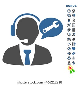 Service Manager Message icon with bonus pictograms. Vector style is bicolor flat iconic symbol with rounded angles, cobalt and gray colors, white background.