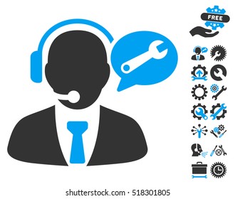 Service Manager Message icon with bonus setup tools clip art. Vector illustration style is flat iconic blue and gray symbols on white background.