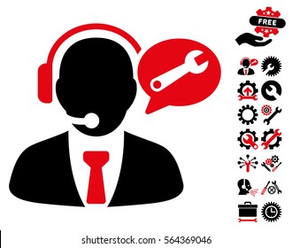 Service Manager Message icon with bonus service icon set. Vector illustration style is flat iconic intensive red and black symbols on white background.