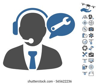 Service Manager Message icon with bonus quad copter tools icon set. Vector illustration style is flat iconic cobalt and gray symbols on white background.