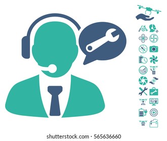 Service Manager Message icon with bonus airdrone service pictograph collection. Vector illustration style is flat iconic cobalt and cyan symbols on white background.