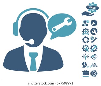 Service Manager Message icon with bonus tools graphic icons. Vector illustration style is flat iconic cyan and blue symbols on white background.