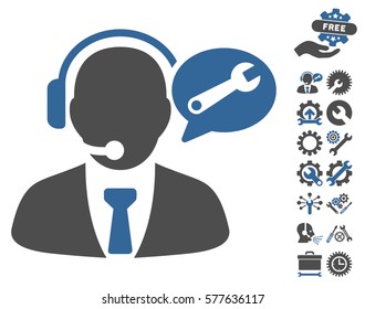 Service Manager Message icon with bonus configuration pictograms. Vector illustration style is flat iconic cobalt and gray symbols on white background.