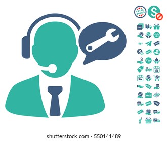 Service Manager Message icon with free bonus pictures. Vector illustration style is flat iconic symbols, cobalt and cyan colors, white background.