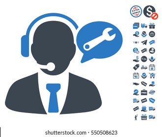 Service Manager Message icon with free bonus images. Vector illustration style is flat iconic symbols, smooth blue colors, white background.