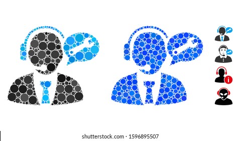 Service manager message mosaic of round dots in different sizes and color tinges, based on service manager message icon. Vector round dots are united into blue illustration.
