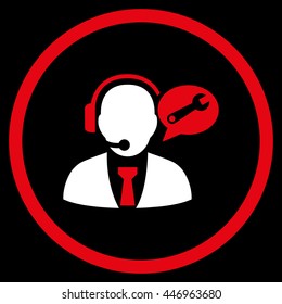 Service Manager Message vector bicolor icon. Image style is a flat icon symbol inside a circle, red and white colors, black background.