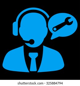 Service Manager Message vector icon. Style is flat symbol, blue color, rounded angles, black background.