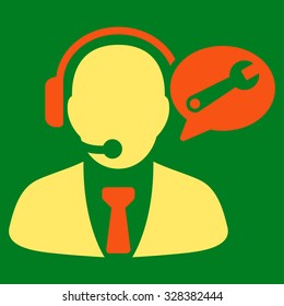 Service Manager Message vector icon. Style is bicolor flat symbol, orange and yellow colors, rounded angles, green background.
