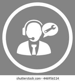 Service Manager Message vector icon. Image style is a flat icon symbol inside a circle, white color, gray background.