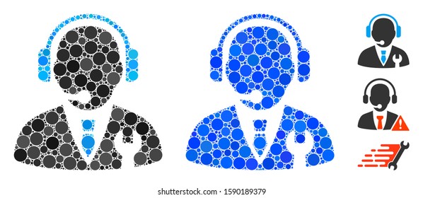 Service manager mosaic of filled circles in different sizes and shades, based on service manager icon. Vector filled circles are combined into blue collage.