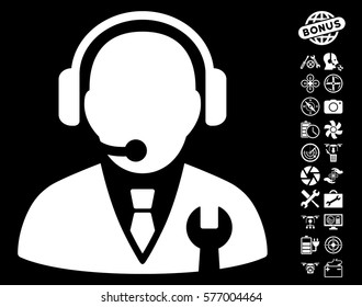 Service Manager pictograph with bonus drone service images. Vector illustration style is flat iconic white symbols on black background.