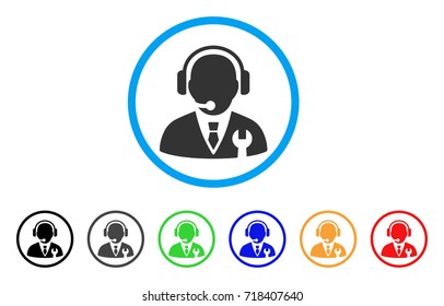 Service Manager rounded icon. Style is a flat service manager gray symbol inside light blue circle with black, gray, green, blue, red, orange color versions.