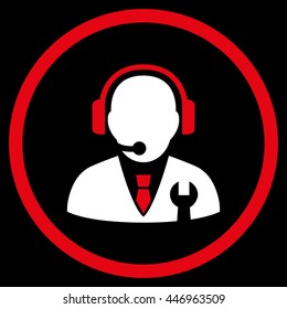Service Manager vector bicolor icon. Image style is a flat icon symbol inside a circle, red and white colors, black background.