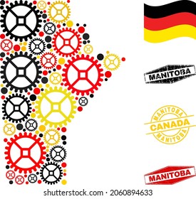 Service Manitoba Province map collage and seals. Vector collage is designed with repair service elements in various sizes, and Germany flag official colors - red, yellow, black.