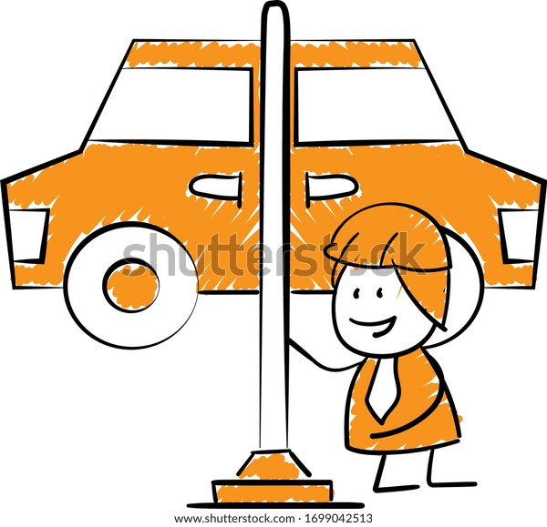 Service mann Engineer  and car on crane
machine . 
Boy hand drawn doodle line art cartoon design character
- isolated vector illustration outline of
man.