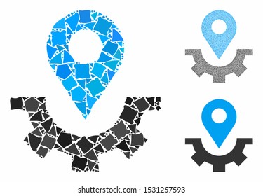 Service map marker composition of uneven parts in various sizes and color tinges, based on service map marker icon. Vector rough parts are organized into composition.
