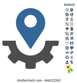 Service Map Marker icon with bonus pictograms. Vector style is bicolor flat iconic symbol with rounded angles, cobalt and gray colors, white background.