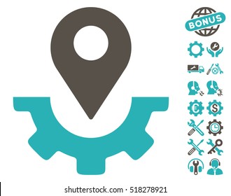 Service Map Marker icon with bonus settings pictures. Vector illustration style is flat iconic grey and cyan symbols on white background.