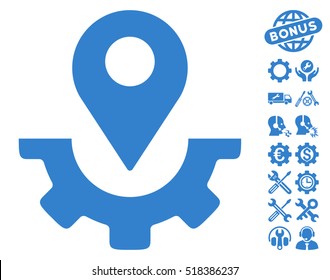 Service Map Marker icon with bonus tools pictograph collection. Vector illustration style is flat iconic cobalt symbols on white background.