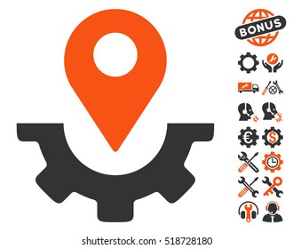 Service Map Marker icon with bonus tools pictograph collection. Vector illustration style is flat iconic orange and gray symbols on white background.