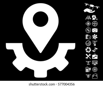 Service Map Marker icon with bonus flying drone tools images. Vector illustration style is flat iconic white symbols on black background.
