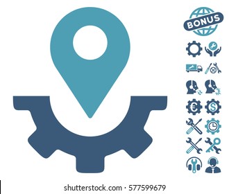 Service Map Marker icon with bonus service graphic icons. Vector illustration style is flat iconic cyan and blue symbols on white background.