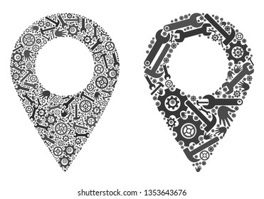 Service map marker icon collage of service tools. Abstract vector map marker symbol is created from cogwheels, hands, hammers and wrenches. Concept of mechanic service.