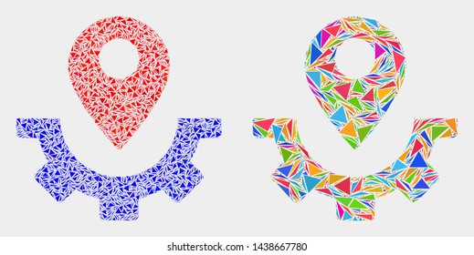 Service map marker mosaic icon of triangle elements which have variable sizes and shapes and colors. Geometric abstract vector design concept of service map marker.