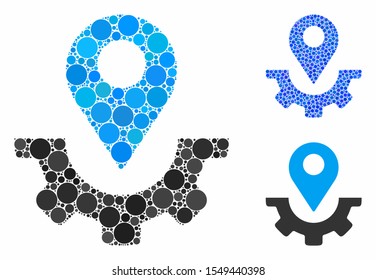 Service map marker mosaic of small circles in variable sizes and shades, based on service map marker icon. Vector small circles are combined into blue mosaic.