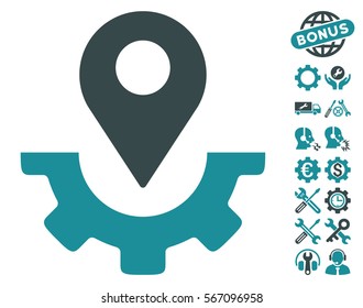 Service Map Marker pictograph with bonus service graphic icons. Vector illustration style is flat iconic soft blue symbols on white background.