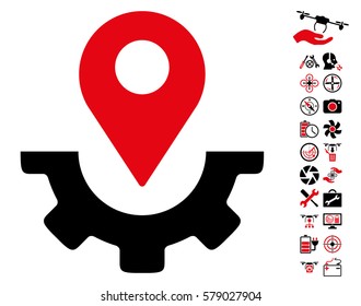 Service Map Marker pictograph with bonus airdrone tools pictures. Vector illustration style is flat iconic intensive red and black symbols on white background.