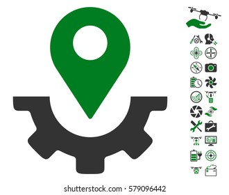 Service Map Marker pictograph with bonus flying drone tools design elements. Vector illustration style is flat iconic green and gray symbols on white background.