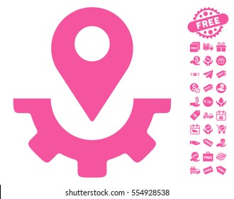 Service Map Marker pictograph with free bonus symbols. Vector illustration style is flat iconic symbols, pink color, white background.