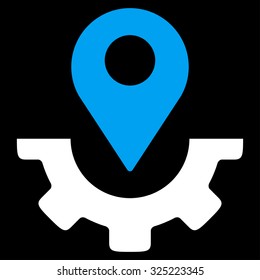 Service Map Marker vector icon. Style is bicolor flat symbol, blue and white colors, rounded angles, black background.