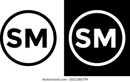 Conjunto de iconos de Marca de servicio. Iconos de símbolo SM. Letra SM en signo redondo.  Iconos redondos con color negro.  signos de Propiedad intelectual
